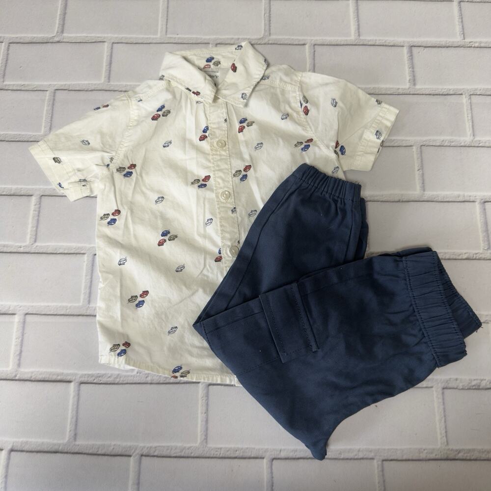 Carter's Boys Button Up Short Sleeve Shirt & Unbranded Blue Pants 18 Months Cars
